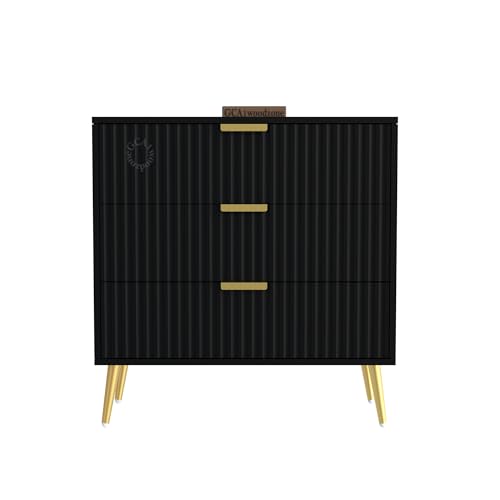 Image of Wooden Chest of Drawers with 3 Drawers | Dresser Console Storage Cabinet for Bedroom, Living Room, Office | Multipurpose Sideboard Organiser|HDMR Wood & Iron(Black & Gold)