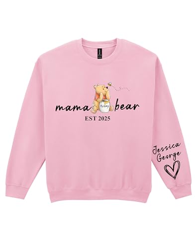 Custom Mama Bear Sweatshirt with Kid Name on Sleeve, Personalised Mum Sweatshirt, Gift for Her Mummy Top, Mother Day Jumper(L, Light Pink)