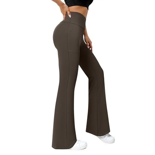 COPYLEAF Flare Leggings for Women High Waisted Yoga Pants with Pockets Workout Gym Work Tummy Control Bootcut Leggings Brown Small