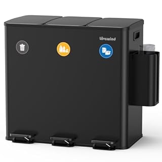 lovewind Kitchen Bin, 3 x 20L Recycling Bin, 3 Compartment Rubbish Bin for Recycling and Waste, Included Garbage Bag Storage Box, Magnetic Label, Soft-Close Lids, Pedals, Inner Buckets, Steel, Black