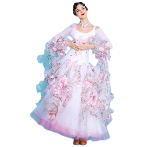 ZYDANC Professional Ballroom Dance Dress Elegant Waltz Tango Competition Dancewear Foxtrot Flamenco Dance Outfit,White,M