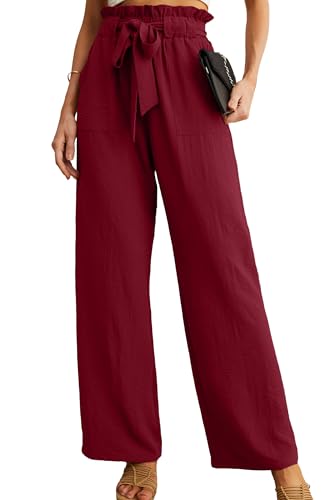 HiMONE Women's Petite Wide Leg Pants with Pockets High Waist Adjustable Knot Loose Casual Trousers Business Work Casual Pant Wine Red
