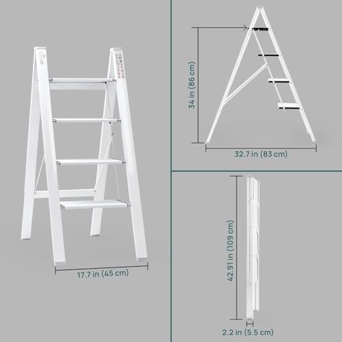 Image of Ladder 4 Step Folding,150KG Capacity Sturdy Ladder Small Stool for Adults, Closet Step Stool Anti-Slip Wide Pedals, Portable Folding for Home Kitchen Office (4 Step - White)