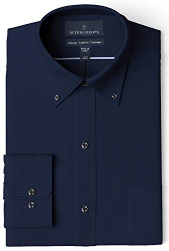 Amazon Brand - Buttoned Down Men's Classic Fit Button Collar Solid Non-Iron Dress Shirt Navy w/ Pocket 17
