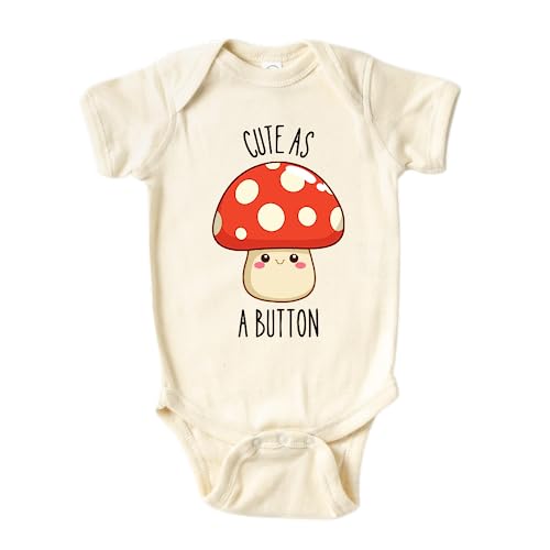 Image of MangoHouse Funny Baby Bodysuit Cute as a Button Mushroom Baby Cotton Custom Baby Clothes Unisex Baby Announcement Onesie for Boys and Girls (Short Sleeve Natural, 12m)