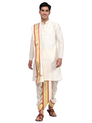 Image of Rameshwaram Fabrics Mens Ready to Wear Silk Dhoti with Angwastra Set - Pocket Dhothi