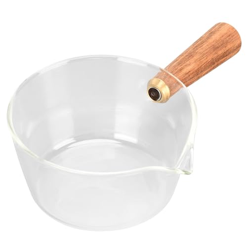 Ejoyous Pentola, lattiera in vetro con manico in legno, casseruola, casseruola, pastaiola con beccuccio a V, salsiera per latte, zuppa, pasta, uova, riso (400 ml)
