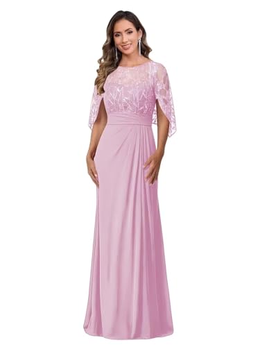 Image of Mother of The Bride Dresses - Long Chiffon Lace Appliques Cape Sleeve Ruched Waist Formal Evening Gown for Women