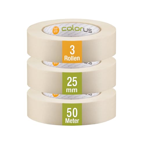 3 x Colorus Premium Malerkrepp PLUS | Feinkrepp-Band 25 mm x 50 m | Flachkrepp-Klebeband für Innen | Kreppband für glatte und leicht raue Oberflächen | Abklebeband UV-beständig