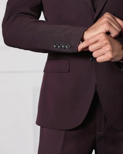 Image of Blackberrys Men Polyester Solid Slim Burgundy Peak Suit