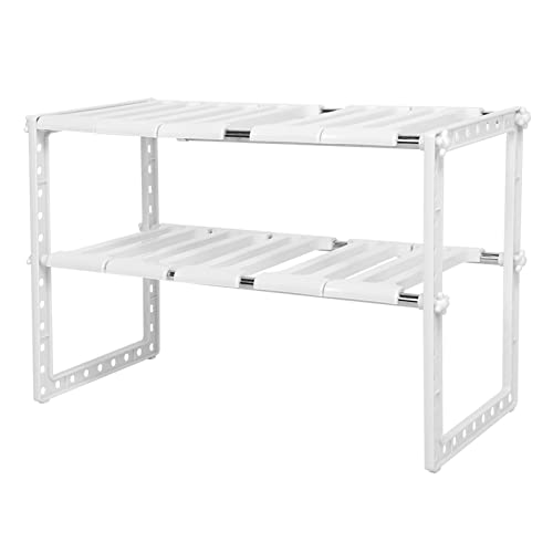 Estante organizador ajustable de 2 capas, estante retráctil para cocina con marco de acero inoxidable para debajo del fregadero, blanco miniatura 7