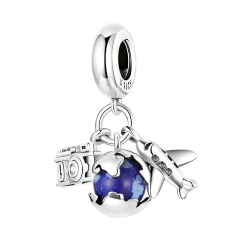 Globe pendant sterling avec charms avion et appareil photo pour bracelet et collier DIY