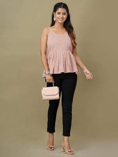 Image of feranoid Women Cotton Printed Sleeveless Strap Peplum Top
