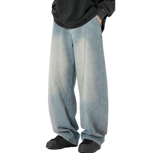Men's Baggy Jeans Elastic Waist Pull On Denim Pants Irregular Sutures Skater Y2K Loose Wide Leg Jeans with Pockets
