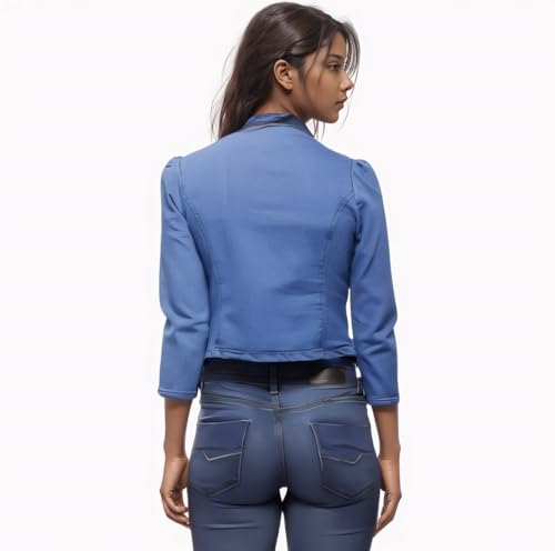 Image of Women's Denim Jacket, Blue, Button Front, 3 /4 Sleeves, Cropped Length, Casual Blazer Style