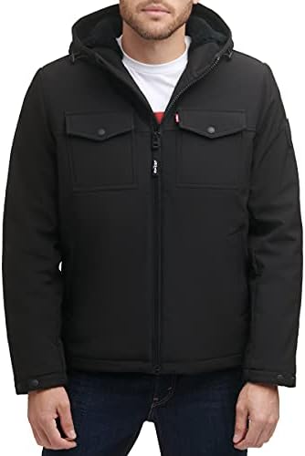 Levi's Men's Soft Shell Two Pocket Sherpa Lined Hooded Trucker Jacket, Black Tech, Large