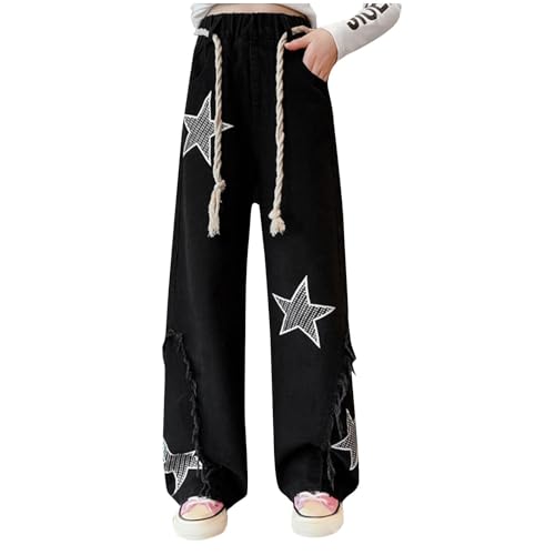 Girls Baggy Jeans Cute Stars Pattern Washed High Rise Elastic Waist Wide Leg Streetwear Denim Pants for Kids 5-16Y