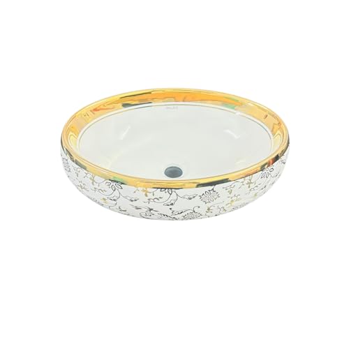 Image of Wallace Premium Countertop Wash Basin 60x40x15 cm | Oval Ceramic Table Top Sink |Interior with Gold Pattern | Luxury Designer Vanity Wash Bowl (White)