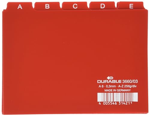 Durable A6 Index Card Set | Includes Printed A-Z Tabs | Red | Made of Strong PVC | Perfect for Organising Documents | Pack of 1