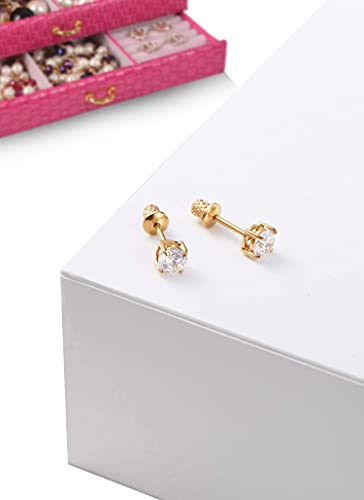 Earrings for Girls, 18k Yellow Gold Plated CZ Hypoallergenic Stud Earrings - Screw On Safety Backs, Stainless Steel Posts for Kids, Toddlers, Teens2