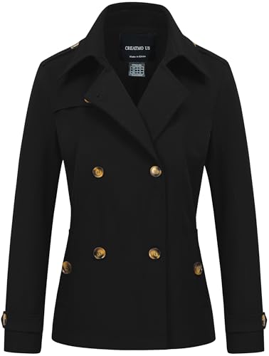 Image of CREATMO US Womens Cropped Trench Coat Lightweight Ladies Spring Jacket Waterproof Lapel Double Breasted Stylish Short Outwear Black 2XL