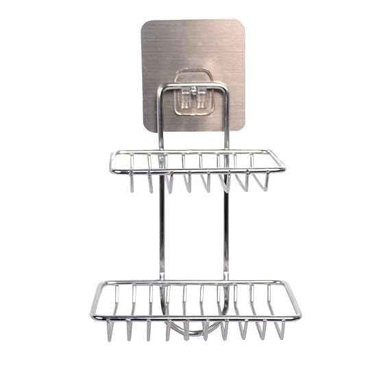 MONIT Wall Mounted Double Layer soap Dish Holder Stainless Steel Wall Hanging Soap Storage Rack for Kitchen Bathroom-with Self Adhesive Magic Sticker (Silver) 1
