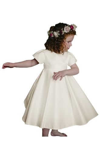 Satin Flower Girl Dress Knee-Length Kid's Party Dresses Cute Short Sleeves Girls Pageant Dress with Bow-Knot