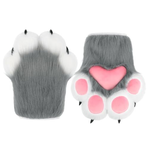 MANYU ZONES Faux Fur Wolf Paw Gloves - Cat Paws & Furry Paws Detailed Design Anti-Slip Palms for Cosplay Party Halloween Costume Cat Paw Gloves for Adult & Teens