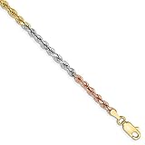14k Tri Color Yellow White Gold 2.9mm Link Rope Bracelet Chain 7 Inch Handmade Fine Jewelry For...