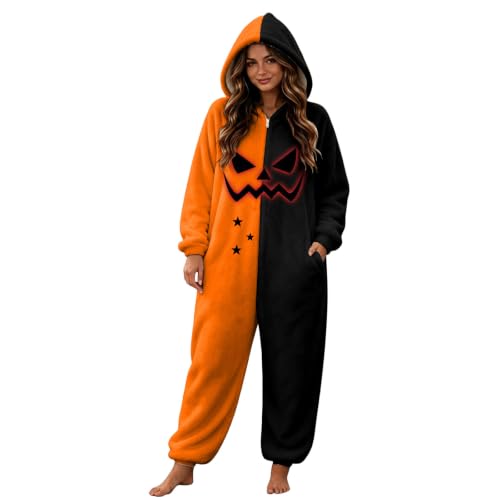 Onesie for Women Jack O Lantern Halloween Pajamas Hooded Zipper Jumpsuit - image 1