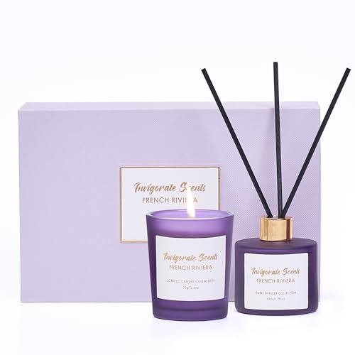 Invigorate Scents Candle Gift Set for Women & Men | French Riviera Lavender | Soy Wax, 20hrs Burn Time, 1 Month Diffuser Aroma | Candle & Diffuser Gift Set | Presents for Women | Gifts for Her