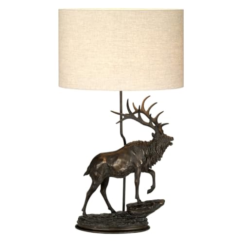 Tischleuchte Stoff Resin Hirsch 80 cm hoch in Bronze antik Natur E27 Tischlampe Wohnzimmer Schlafzimmer