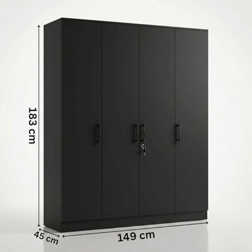 Image of FFO Kavisto 4 Door Wooden Wardrobe for Bedroom, Large Clothes Storage Cabinet with Hanging Space, Shelves, Drawer & Lock, Modern Wood Finish Almirah for Home, Bedroom & Living Room Black DIY.