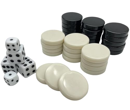 FAMA.store 30 Pieces Backgammon Checkers Replacement Set Checker Board Games Playing Game Chips with 5 Dice Come with Drawstring Storage Pouch (Black&Ivory 1.06 inch)