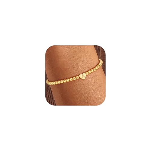 Gold Initial Bracelets for Women Girls Gifts - 18K Gold Plated Heart Initial Bracelet Teen Girl Gifts Trendy Stuff Dainty Beaded Bracelet Gold Bracelets for Women Girls Jewelry