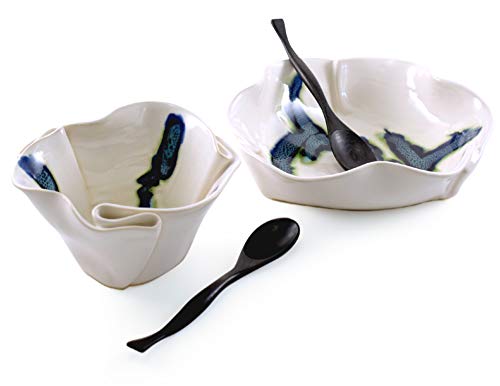 Aurora Collection Salad And Soup Bowl Set In Blue/White, Handmade Pottery #TOP2