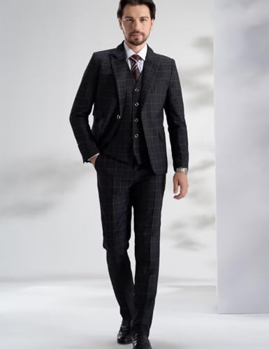 Mens Plaid Suit 3 Pieces Blazer Vest Pant Set Slim Fit Formal Bussiness Wedding Suit Party Tuxedos Suit2