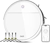 OKP K5 Robot Aspirapolvere, Freemove 3.0, 2500Pa, 120 Minuti, Compatto e Silenzioso, Anti-groviglio, 4 Modalità di Aspirazione Programmabili, Ideale per Pavimenti e Moquette, WiFi/Alexa/App, Bianco