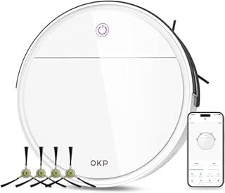 OKP K5 Aspirapolvere Robot, 2500 Pa, Autonomia 120 Minuti, Ultra Sottile 7,5 cm, 4 Modalità di Aspirazione, Anti-groviglio, Ideale per Peli di Animali e Pavimenti Duri, WiFi/Alexa/App, Bianco