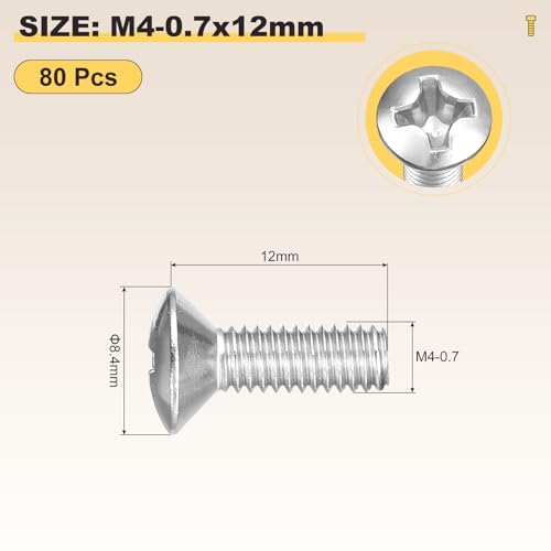 Image of METALLIXITY Semi-Countersunk Oval Head Machine Screws (M4-0.7x12) 80Pcs, 304 Stainless Steel Phillips Cross Recessed Machine Screw Bolts - for Furniture Assembly DIY Projects, Silver