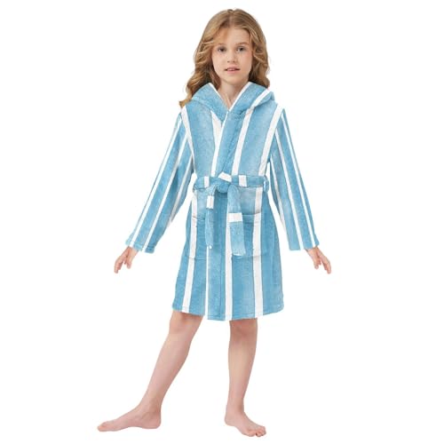 GuoChe Teal Blue Stripes on White Kids Robes Girls Hooded Robe For Kids2