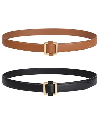 WELROG 2 Pack Women Leather Belts for Dress Jeans Gold Buckle Belts for Women Adjustable & Hole-Free Belt