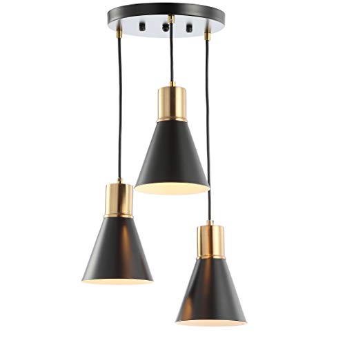 Image of JONATHAN Y Apollo Mid-Century 3-Light Pendant 15 inch, Black /Brass Gold | Modern, Adjustable Height, Metal Cone Shade, Kitchen Island, Hallway, UL Listed, Slope-Compatible, LED Bulb Included