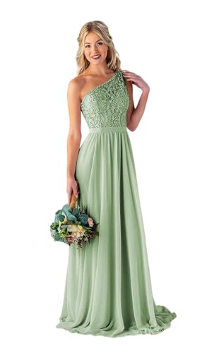 Image of Women's One Shoulder Bridesmaid Dresses Long for Wedding with Pockets Lace Bodice A-Line Chiffon Formal Party Gown