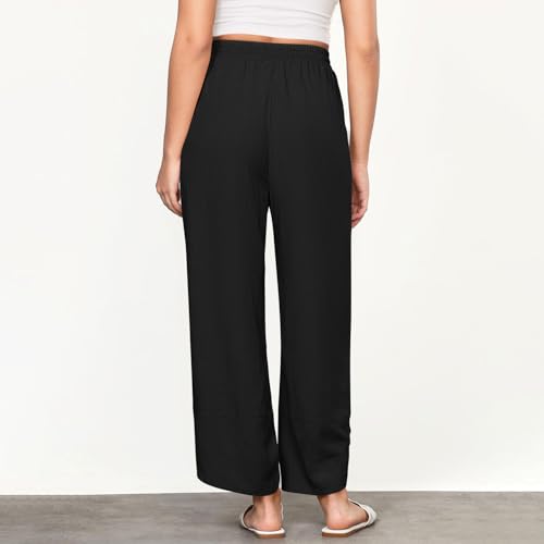 Womens Linen Pants Loose Fit Drawstring Wide Leg Pants High Waisted Comfy Pant with Pocket Summer Beach Slit Hem Outfit3