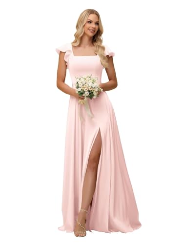 Xijun Women's Ruffle Sleeve Blush Pink Satin Bridesmaid Dresses Long Square Neck Prom Dress Backless Slit Formal Wedding Guest Dress Size0