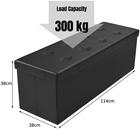 COSTWAY Folding Storage Ottoman, Faux Leather Footstool Bench Toy Box Chest with Lid, Home Living Room Bedroom Hallway Space Saving Bed End Stool, 300kg Weight Capacity (114 x 38 x 38cm, Black)
