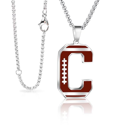 Football Initial Necklace for Men A-Z Letter Stainless Steel Charm Pandant 20+2 Inches Chain, Football Gifts for Youth Boys Coach Players