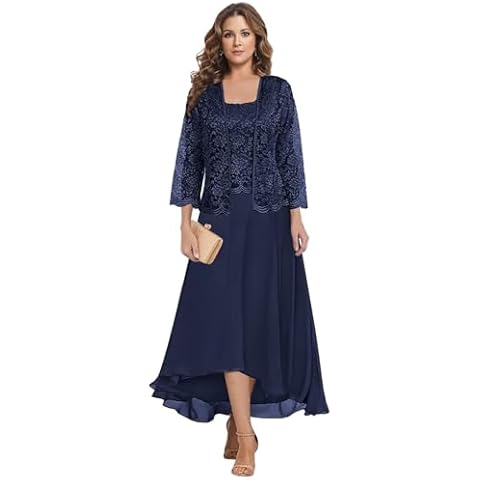 petyoo Mother of The Bride Dresses for Wedding with Jacket Long Sleeve Modest Chiffon Lace Navy Blue Formal Dress Size 16 Cover