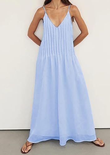 ABINGOO Women Summer Spaghetti Strap Maxi Dresses Sleeveless V Neck Pleated Backless Flowy Loose Beach Vacation Long Sundress - Image 5